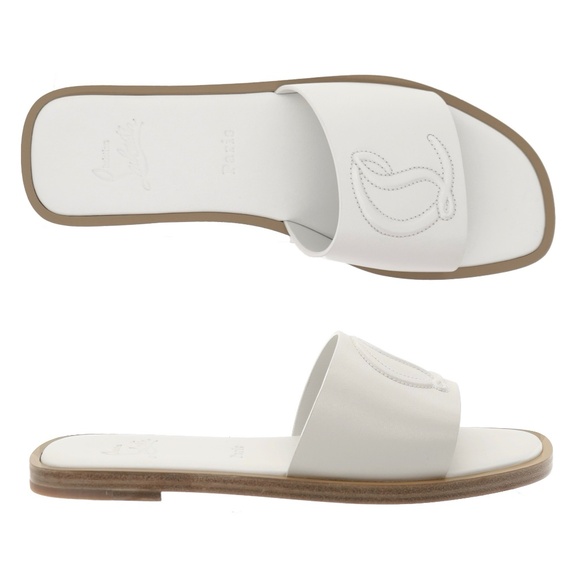 Christian Louboutin CL Mule Flat White Leather Sandals Size 37 New - Picture 1 of 7
